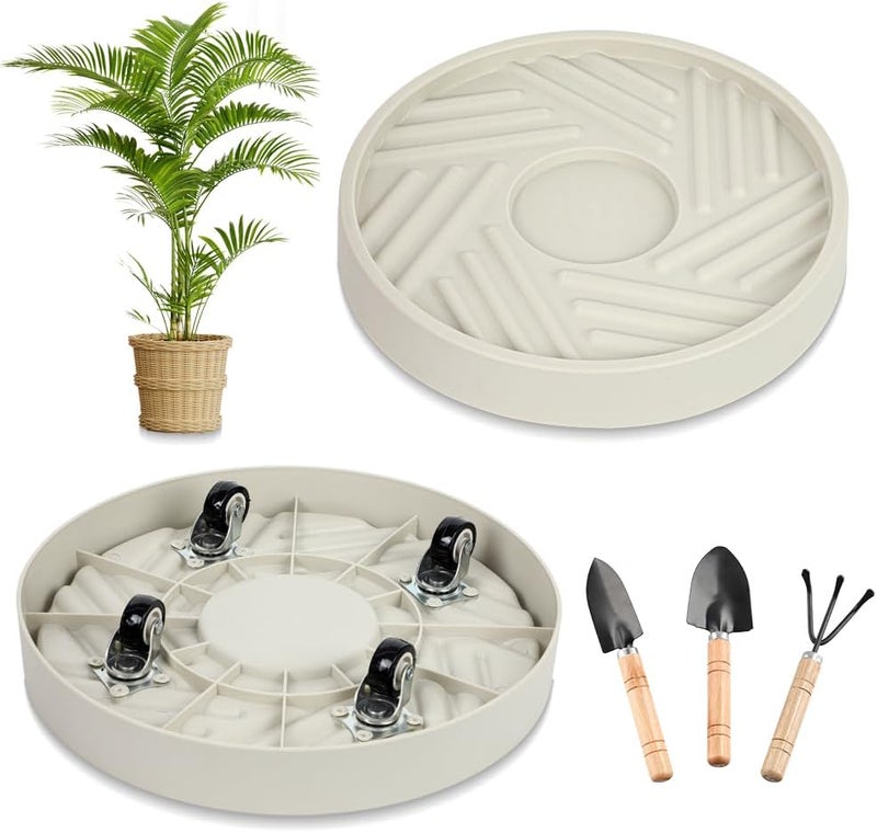UoeRing 2 Pcs Plant Caddy with Hidden Wheels 11 Inch Heavy Duty Rolling Plant Stand, Indoor Outdoor Plant Saucer Tray with $9.9 Garden Tools (Beige) - Image 1